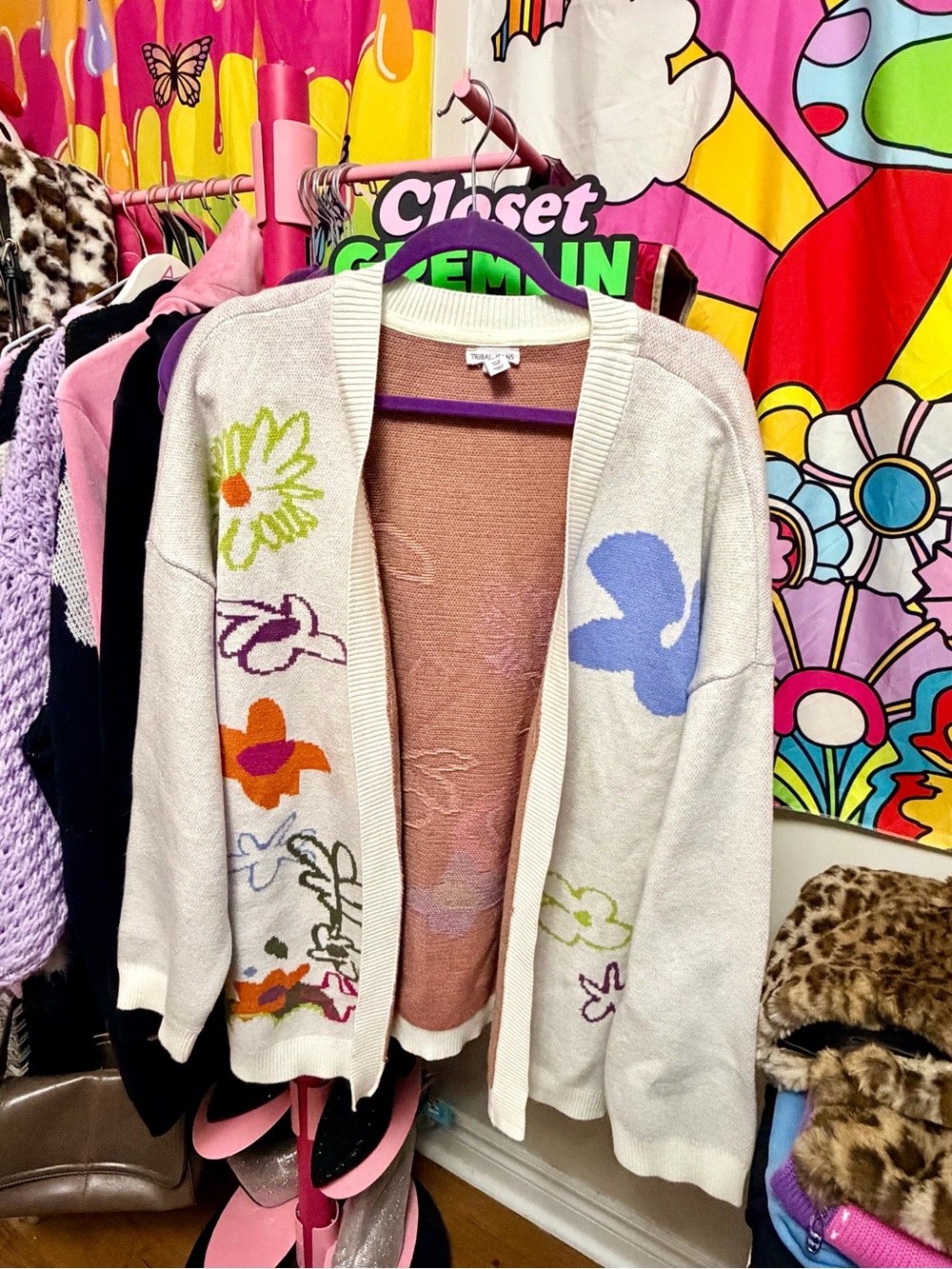 Tribal Cream Open-Front Cardigan with Colorful Floral Motifs